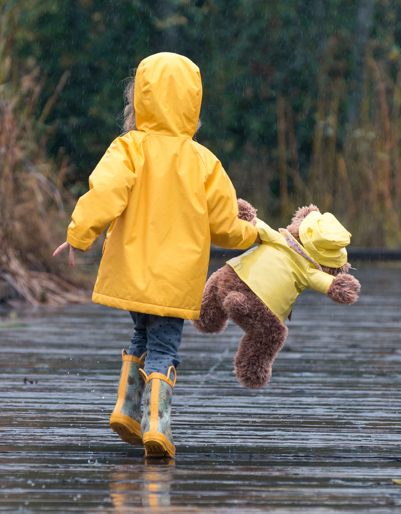 teddy bear in yellow raincoat